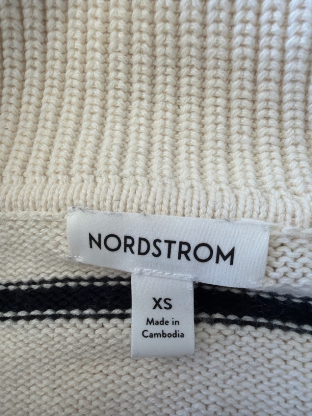Nordstrom Striped Sweater Cotton Cashmere Cream Black XS Collared V Neck - Picture 5 of 5